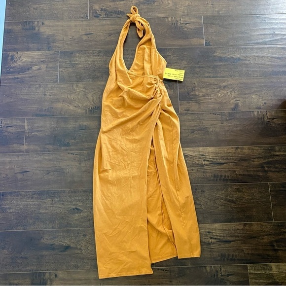 Lovers + Friends Midi Tie Halter Dress Burnt Orange Gold Mary Stretch High Slit - Picture 3 of 6